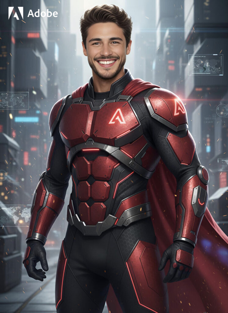 Adobe AI photo booth superhero portrait at corporate event by Chroma Photobooth
