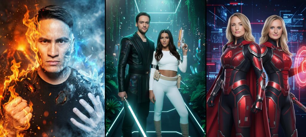 AI photo booth corporate event portraits fire ice sci-fi superhero by Chroma Photobooth